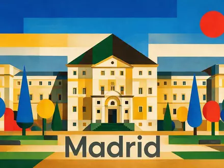 Bauhaus-Poster als geometrische Abstraktion von Prado-Museum Madrid in Madrid Spanien, kraeftige Grundfarben und harte Formkanten - Foto: THN