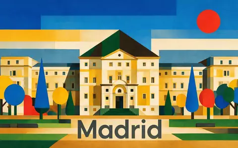 Bauhaus-Poster als geometrische Abstraktion von Prado-Museum Madrid in Madrid Spanien, kraeftige Grundfarben und harte Formkanten - Foto: THN