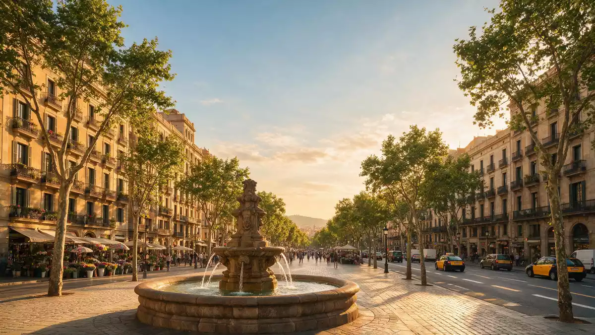 Fotorealistische Ansicht von La Rambla Barcelona in Barcelona, Spanien im Abendlicht
