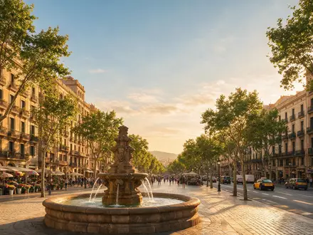 Fotorealistische Panoramaaufnahme von La Rambla Barcelona in Barcelona Spanien, warmes Abendlicht auf Wahrzeichen - Foto: THN