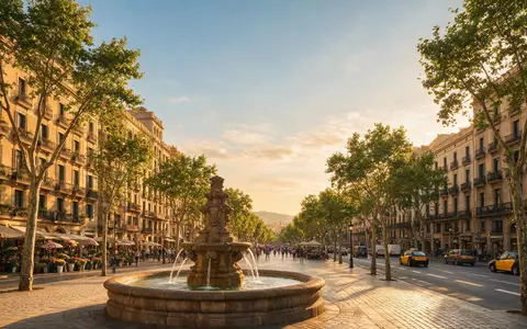 Fotorealistische Panoramaaufnahme von La Rambla Barcelona in Barcelona Spanien, warmes Abendlicht auf Wahrzeichen - Foto: THN