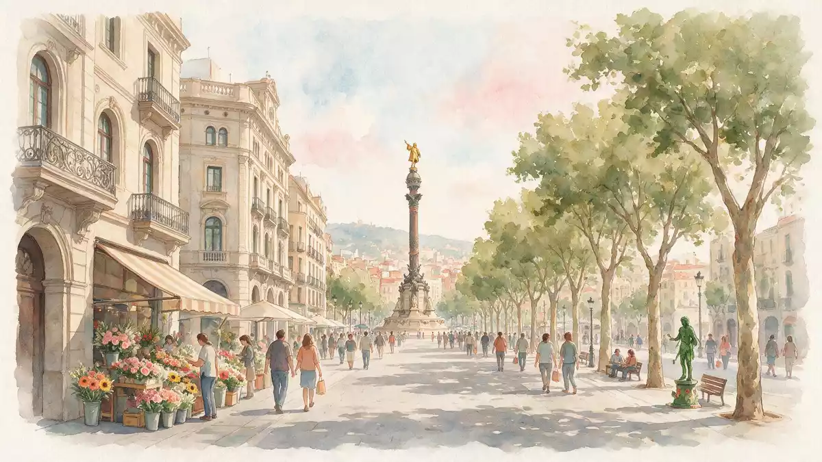 Aquarell-Illustration von La Rambla Barcelona in Barcelona, Spanien als Reiseposter