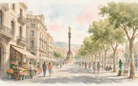 Aquarellillustration des Wahrzeichens La Rambla Barcelona in Barcelona Spanien, weiche Farbverläufe und pastelliges Reiseposter-Feeling - Foto: THN