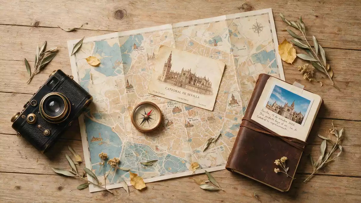 Flatlay-Reise-Arrangement rund um Kathedrale von Sevilla in Sevilla, Spanien