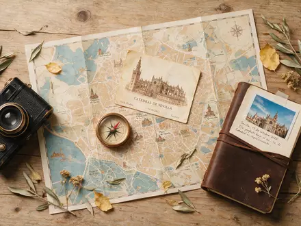 Flatlay-Reise-Arrangement rund um Kathedrale von Sevilla in Sevilla Spanien, Karte Kompass Kamera und generische Reiserequisiten - Foto: THN