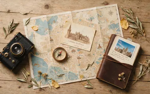 Flatlay-Reise-Arrangement rund um Kathedrale von Sevilla in Sevilla Spanien, Karte Kompass Kamera und generische Reiserequisiten - Foto: THN