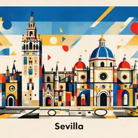 Bauhaus-Poster als geometrische Abstraktion von Kathedrale von Sevilla in Sevilla Spanien, kraeftige Grundfarben und harte - Foto: THN