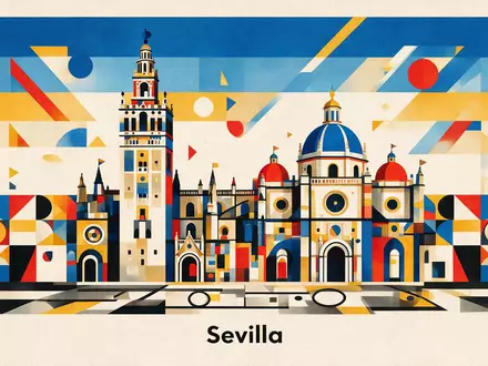 Bauhaus-Poster als geometrische Abstraktion von Kathedrale von Sevilla in Sevilla Spanien, kraeftige Grundfarben und harte - Foto: THN