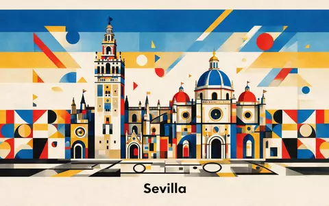 Bauhaus-Poster als geometrische Abstraktion von Kathedrale von Sevilla in Sevilla Spanien, kraeftige Grundfarben und harte - Foto: THN
