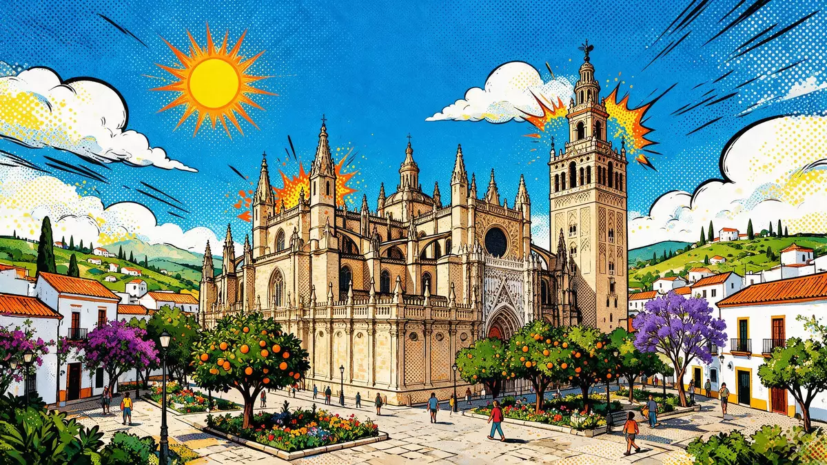 Pop-Art-Comic von Kathedrale von Sevilla in Sevilla, Spanien mit Rasterpunkten