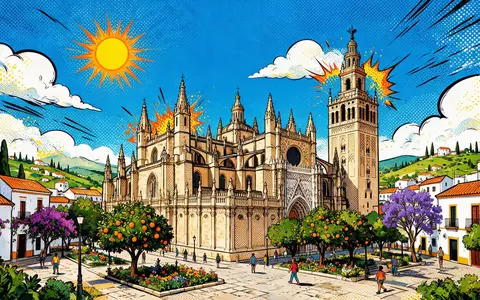 Pop-Art-Comicillustration des Wahrzeichens Kathedrale von Sevilla in Sevilla Spanien, kraeftige Konturen Rasterpunkte und satte Farben - Foto: THN