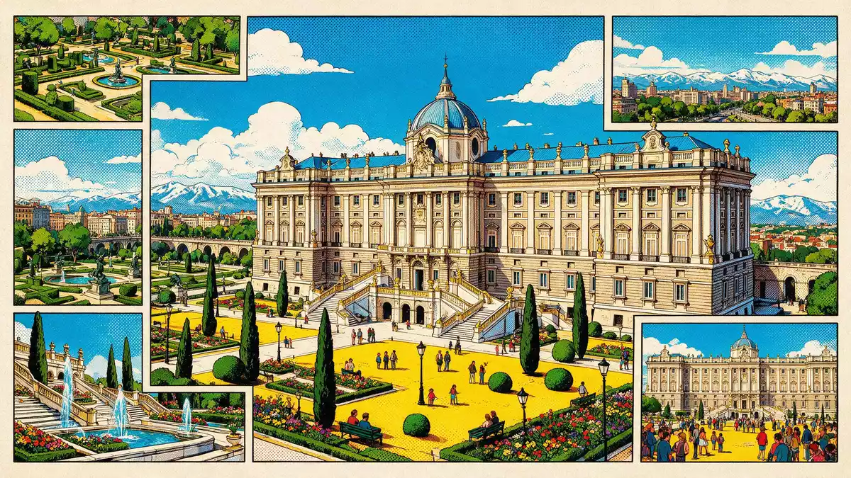 Pop-Art-Comic von Königspalast Madrid in Madrid, Spanien mit Rasterpunkten