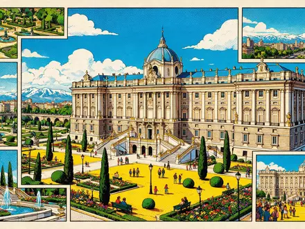 Pop-Art-Comicillustration des Wahrzeichens Königspalast Madrid in Madrid Spanien, kraeftige Konturen Rasterpunkte und satte Farben - Foto: THN
