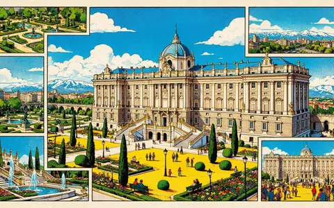 Pop-Art-Comicillustration des Wahrzeichens Königspalast Madrid in Madrid Spanien, kraeftige Konturen Rasterpunkte und satte Farben - Foto: THN