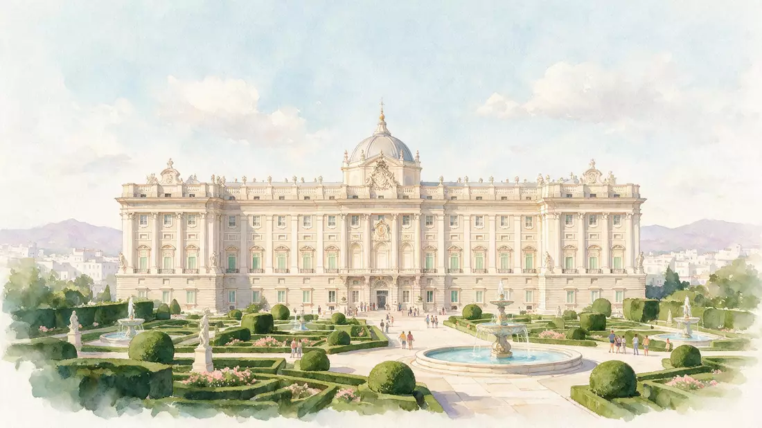 Aquarell-Illustration von Königspalast Madrid in Madrid, Spanien als Reiseposter