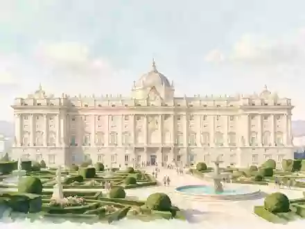 Aquarellillustration des Wahrzeichens Königspalast Madrid in Madrid Spanien, weiche Farbverläufe und pastelliges Reiseposter-Feeling - Foto: THN