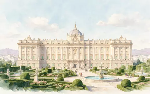 Aquarellillustration des Wahrzeichens Königspalast Madrid in Madrid Spanien, weiche Farbverläufe und pastelliges Reiseposter-Feeling - Foto: THN