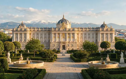 Editorialbild im Reisemagazin-Stil vom Wahrzeichen Königspalast Madrid in Madrid Spanien, ausgewogene Bildgestaltung und natuerliches Umgebungslicht - Foto: THN