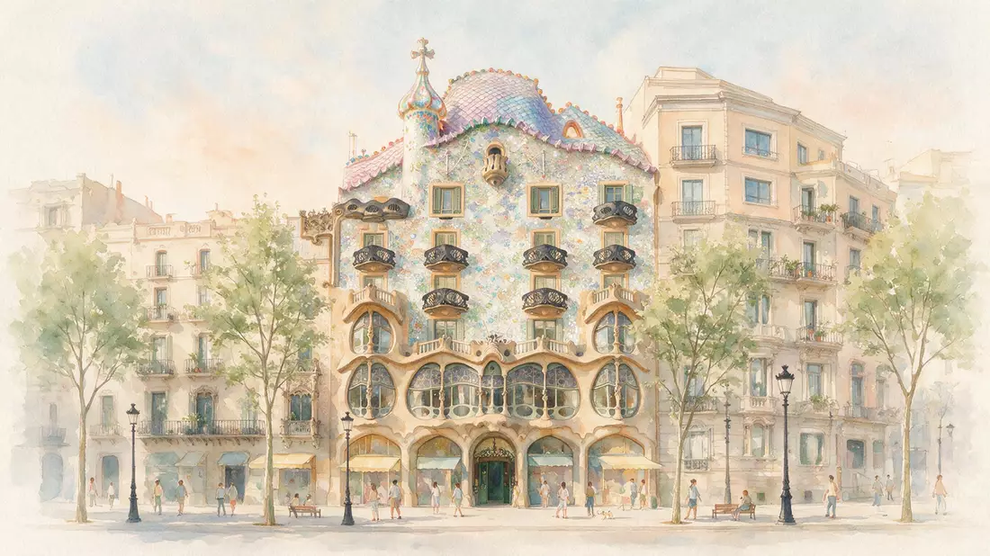 Aquarell-Illustration von Casa Batllo Barcelona in Barcelona, Spanien als Reiseposter