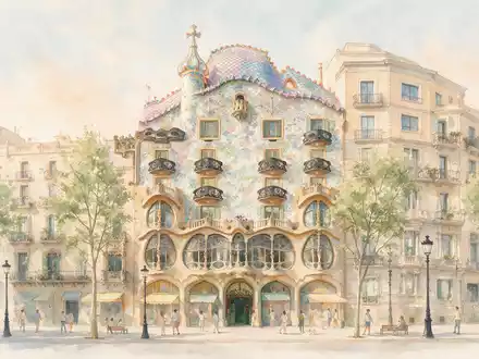 Aquarellillustration des Wahrzeichens Casa Batllo Barcelona in Barcelona Spanien, weiche Farbverläufe und pastelliges Reiseposter-Feeling - Foto: THN