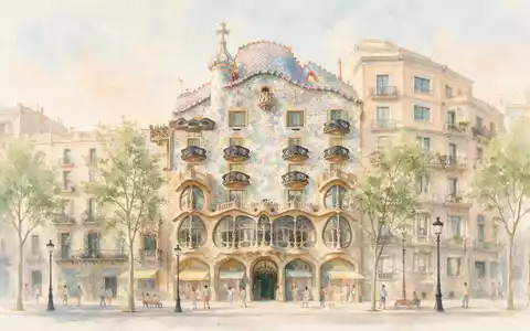 Aquarellillustration des Wahrzeichens Casa Batllo Barcelona in Barcelona Spanien, weiche Farbverläufe und pastelliges Reiseposter-Feeling - Foto: THN