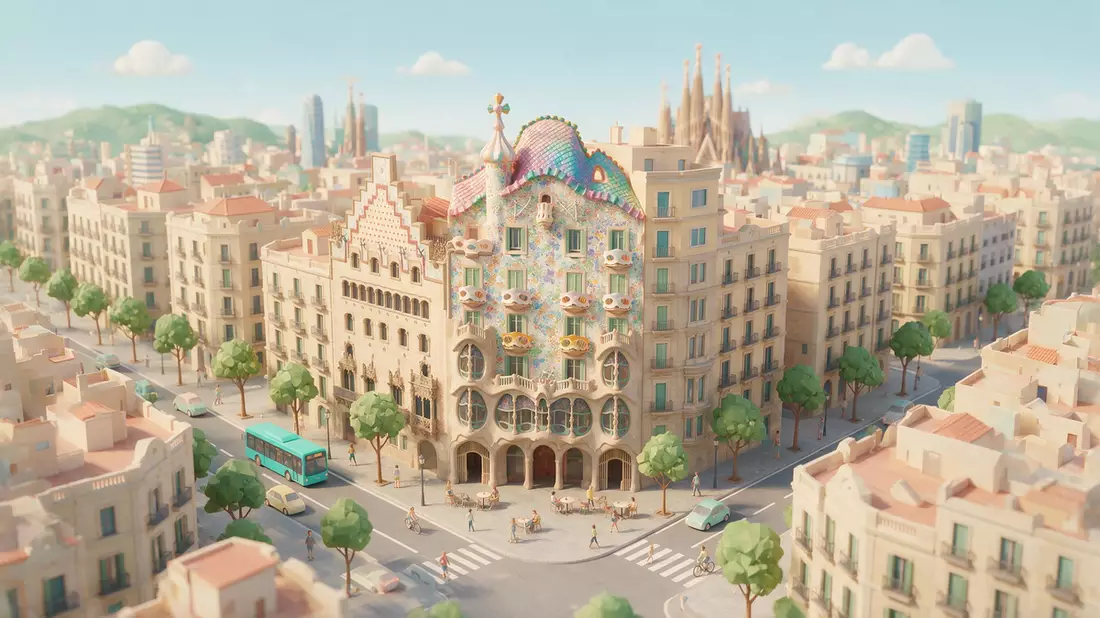 Isometrisches Diorama von Casa Batllo Barcelona in Barcelona, Spanien in Pastell