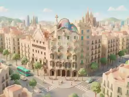 Isometrisches Diorama von Casa Batllo Barcelona und Umgebung in Barcelona Spanien, verspielte Low-Poly-Kulisse in Pastellfarben - Foto: THN