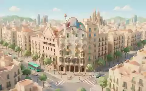 Isometrisches Diorama von Casa Batllo Barcelona und Umgebung in Barcelona Spanien, verspielte Low-Poly-Kulisse in Pastellfarben - Foto: THN
