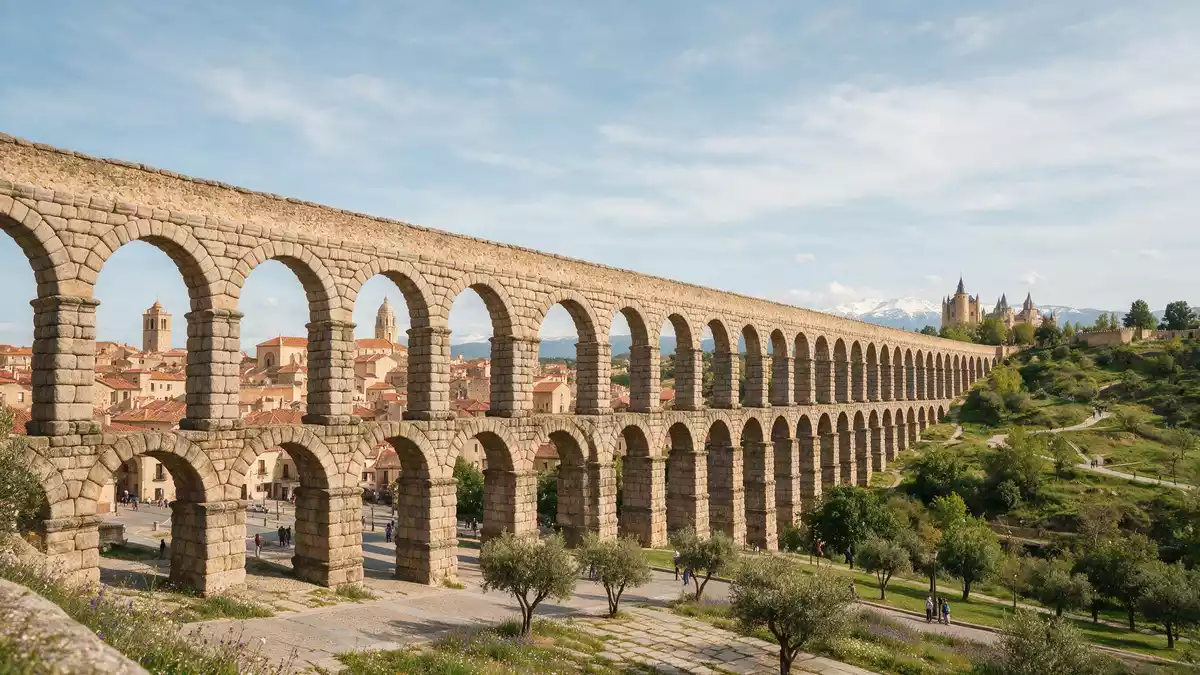 Editorial-Reisemagazinbild vom Wahrzeichen Aquädukt von Segovia in Segovia, Spanien