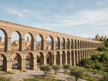 Editorialbild im Reisemagazin-Stil vom Wahrzeichen Aquädukt von Segovia in Segovia Spanien, ausgewogene Bildgestaltung und natuerliches - Foto: THN