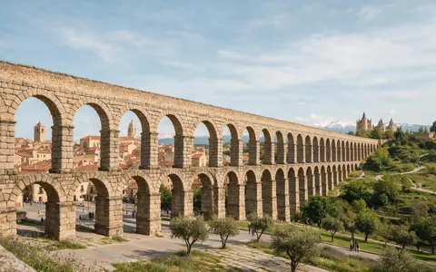 Editorialbild im Reisemagazin-Stil vom Wahrzeichen Aquädukt von Segovia in Segovia Spanien, ausgewogene Bildgestaltung und natuerliches - Foto: THN