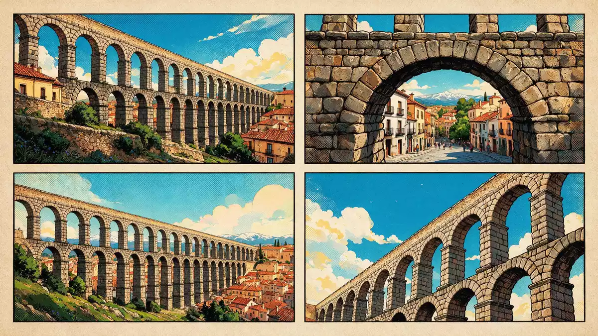 Pop-Art-Comic von Aquädukt von Segovia in Segovia, Spanien mit Rasterpunkten