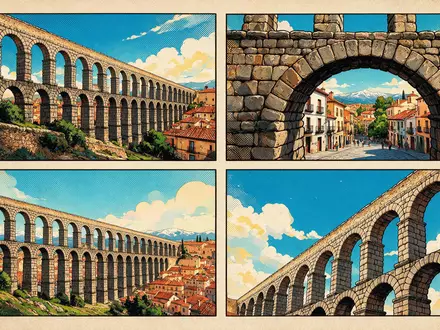 Pop-Art-Comicillustration des Wahrzeichens Aquädukt von Segovia in Segovia Spanien, kraeftige Konturen Rasterpunkte und satte Farben - Foto: THN