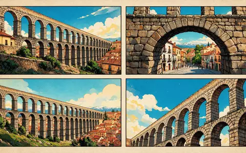 Pop-Art-Comicillustration des Wahrzeichens Aquädukt von Segovia in Segovia Spanien, kraeftige Konturen Rasterpunkte und satte Farben - Foto: THN