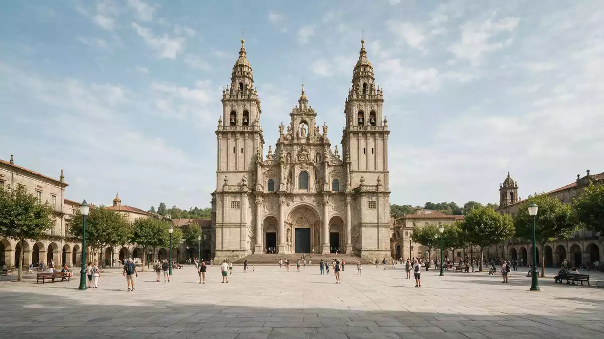 Editorial-Reisemagazinbild vom Wahrzeichen Kathedrale von Santiago de Compostela in Santiago…
