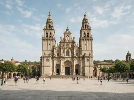 Editorialbild im Reisemagazin-Stil vom Wahrzeichen Kathedrale von Santiago de Compostela in Santiago de Compostela Spanien - Foto: THN