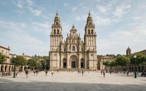 Editorialbild im Reisemagazin-Stil vom Wahrzeichen Kathedrale von Santiago de Compostela in Santiago de Compostela Spanien - Foto: THN