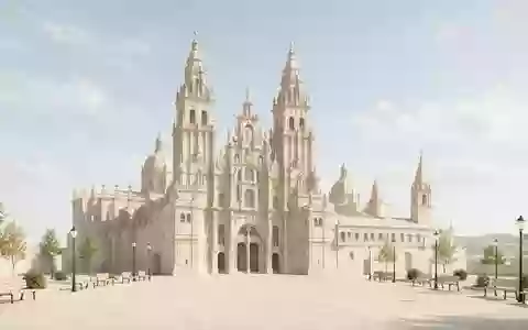 Moderner Architektur-Render zeigt Silhouette von Kathedrale von Santiago de Compostela in Santiago de Compostela Spanien - Foto: THN