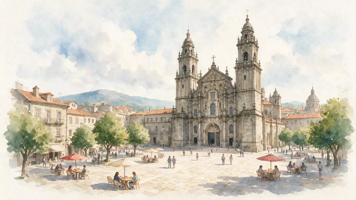 Aquarell-Illustration von Kathedrale von Santiago de Compostela in Santiago de Compostela, S…