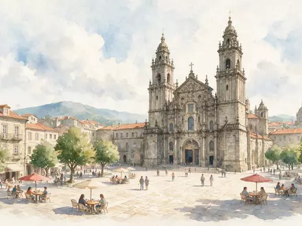Aquarellillustration des Wahrzeichens Kathedrale von Santiago de Compostela in Santiago de Compostela Spanien, weiche Farbverläufe - Foto: THN