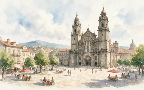 Aquarellillustration des Wahrzeichens Kathedrale von Santiago de Compostela in Santiago de Compostela Spanien, weiche Farbverläufe - Foto: THN