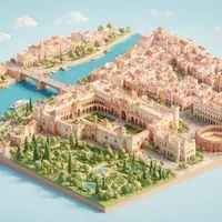Isometrisches Diorama von Real Alcazar Sevilla und Umgebung in Sevilla Spanien, verspielte Low-Poly-Kulisse in Pastellfarben - Foto: THN
