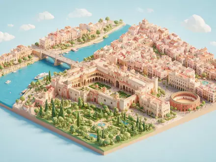 Isometrisches Diorama von Real Alcazar Sevilla und Umgebung in Sevilla Spanien, verspielte Low-Poly-Kulisse in Pastellfarben - Foto: THN