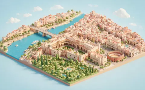 Isometrisches Diorama von Real Alcazar Sevilla und Umgebung in Sevilla Spanien, verspielte Low-Poly-Kulisse in Pastellfarben - Foto: THN