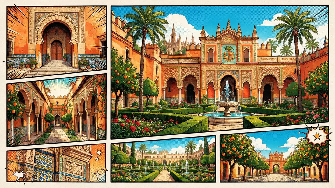 Pop-Art-Comic von Real Alcazar Sevilla in Sevilla, Spanien mit Rasterpunkten