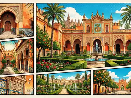 Pop-Art-Comicillustration des Wahrzeichens Real Alcazar Sevilla in Sevilla Spanien, kraeftige Konturen Rasterpunkte und satte Farben - Foto: THN