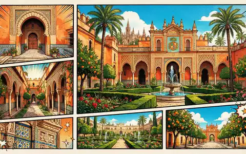 Pop-Art-Comicillustration des Wahrzeichens Real Alcazar Sevilla in Sevilla Spanien, kraeftige Konturen Rasterpunkte und satte Farben - Foto: THN