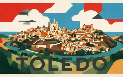 Bauhaus-Poster als geometrische Abstraktion von Altstadt Toledo in Toledo Spanien, kraeftige Grundfarben und harte Formkanten - Foto: THN