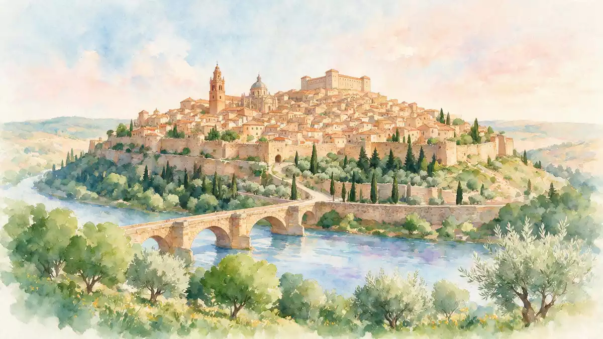 Aquarell-Illustration von Altstadt Toledo in Toledo, Spanien als Reiseposter