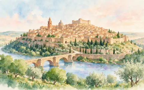 Aquarellillustration des Wahrzeichens Altstadt Toledo in Toledo Spanien, weiche Farbverläufe und pastelliges Reiseposter-Feeling - Foto: THN